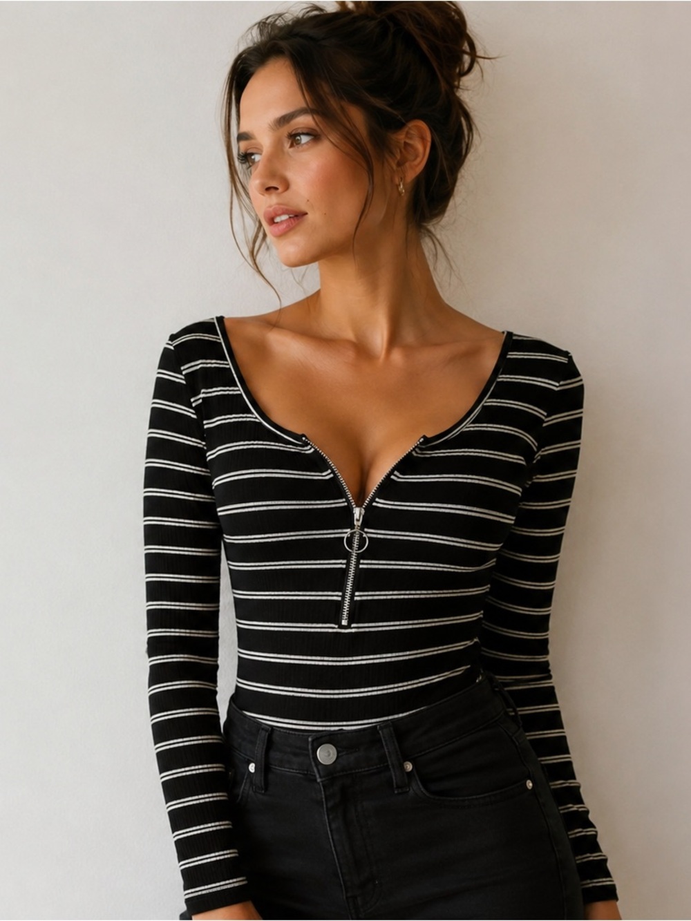 Urban Heritage Black & White Striped Ribbed Zip-Front Bodysuit